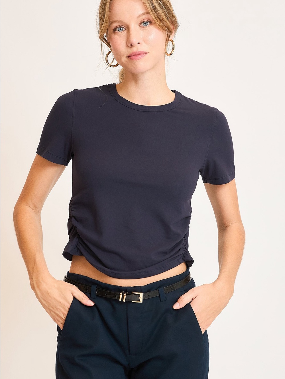 Umgee Navy Short Sleeve Side-Ruched Crop Top